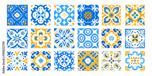 Collection of vibrant portuguese azulejo ceramic tiles in blue and yellow hues