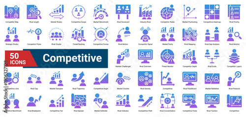 A collection of Competitive icons, containing rival analysis, market positioning, benchmarking, threat monitoring, and competitive dynamics. Ideal for market intelligence, strategy planning, and compe