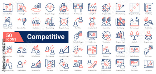A collection of Competitive icons, containing rival analysis, market positioning, benchmarking, threat monitoring, and competitive dynamics. Ideal for market intelligence, strategy planning, and compe