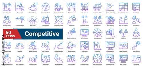 A collection of Competitive icons, containing rival analysis, market positioning, benchmarking, threat monitoring, and competitive dynamics. Ideal for market intelligence, strategy planning, and compe