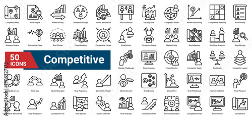 A collection of Competitive icons, containing rival analysis, market positioning, benchmarking, threat monitoring, and competitive dynamics. Ideal for market intelligence, strategy planning, and compe