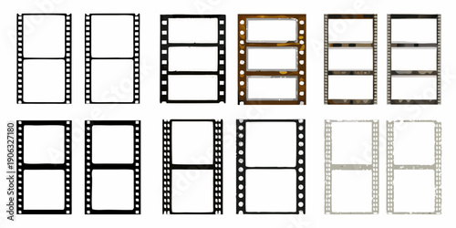 Collection of film strips with varying frame colors and transparency