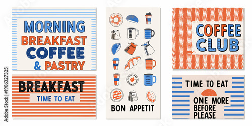 Four colorful banners advertising breakfast coffee and pastries