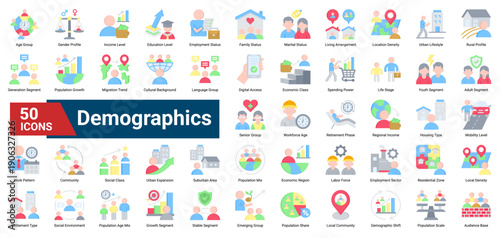 A collection of Demographic icons, containing population attributes, social structure, economic levels, age groups, and lifestyle patterns. Ideal for market analysis, audience profiling.