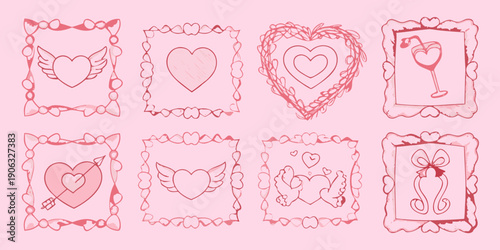 A collection of hand drawn pink heart and love themed illustrations in frames