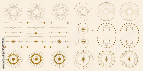 Vintage botanical sunbursts stars and celestial design elements collection