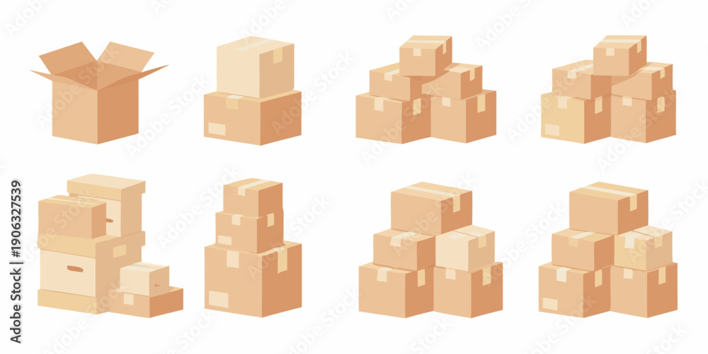 Fototapeta premium Isometric illustration of stacked and open cardboard boxes in various arrangements