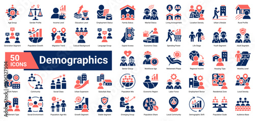 A collection of Demographic icons, containing population attributes, social structure, economic levels, age groups, and lifestyle patterns. Ideal for market analysis, audience profiling.