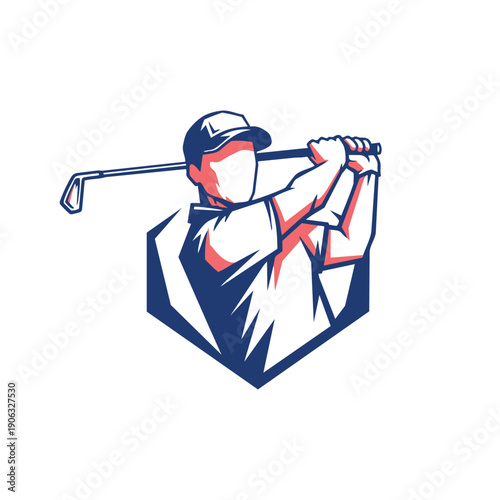Dynamic vector illustration of a male golfer swinging a club. Modern professional sport athlete mascot logo design isolated on white background.