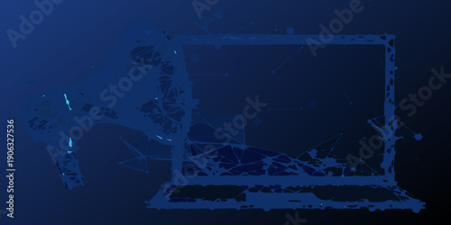 Abstract laptop outline with glowing polygonal network on a dark background