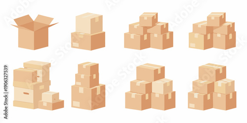 Isometric illustration of stacked and open cardboard boxes in various arrangements