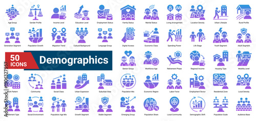 A collection of Demographic icons, containing population attributes, social structure, economic levels, age groups, and lifestyle patterns. Ideal for market analysis, audience profiling.