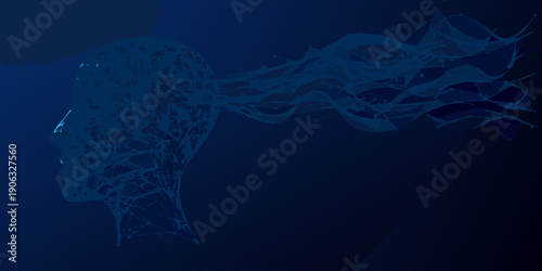 Abstract human head composed of fragmented polygonal shapes in shades of blue