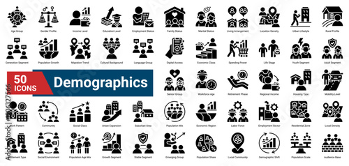 A collection of Demographic icons, containing population attributes, social structure, economic levels, age groups, and lifestyle patterns. Ideal for market analysis, audience profiling.
