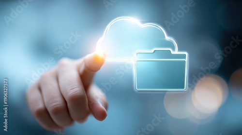 A hand interacts with a glowing digital cloud and folder icon, symbolizing cloud storage and data management technology.