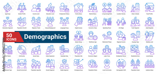 A collection of Demographic icons, containing population attributes, social structure, economic levels, age groups, and lifestyle patterns. Ideal for market analysis, audience profiling.