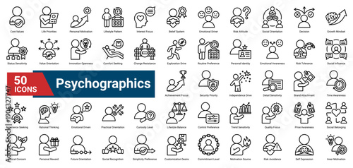 A collection of Demographic icons, containing population attributes, social structure, economic levels, age groups, and lifestyle patterns. Ideal for market analysis, audience profiling.