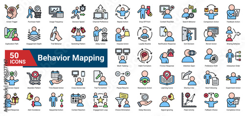 A collection of Behavior Mapping icons. Containing user actions, decision patterns, engagement flow, and behavioral signals. Ideal for UX research, product analytics, customer journey mapping.