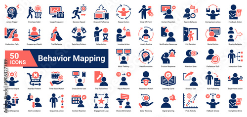 A collection of Behavior Mapping icons. Containing user actions, decision patterns, engagement flow, and behavioral signals. Ideal for UX research, product analytics, customer journey mapping.