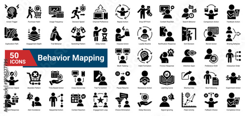 A collection of Behavior Mapping icons. Containing user actions, decision patterns, engagement flow, and behavioral signals. Ideal for UX research, product analytics, customer journey mapping.