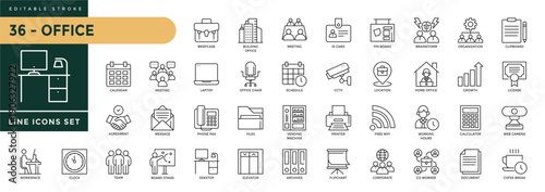 A collection of Office icons set with editable stroke, including Office Tools, folders, documents, Printer, Conversation, Meeting, Coffee. Thin linear vector illustration