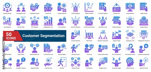 A collection of Customer Segmentation icons. Containing audience grouping, demographic analysis, behavioral clusters, and market profiling elements. Ideal for marketing strategy, business analysis.