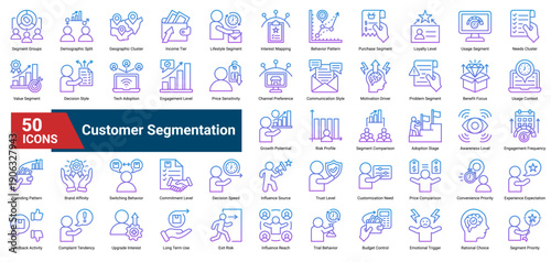 A collection of Customer Segmentation icons. Containing audience grouping, demographic analysis, behavioral clusters, and market profiling elements. Ideal for marketing strategy, business analysis.