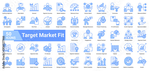 A collection of Target Market Fit icons. Containing alignment metrics, audience validation, solution matching, and growth indicators. Ideal for product positioning, market analysis.