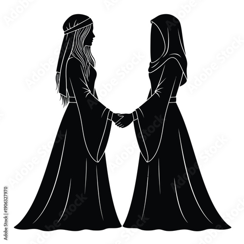 Two women in silhouettes holding hands while wearing long robes and head coverings.