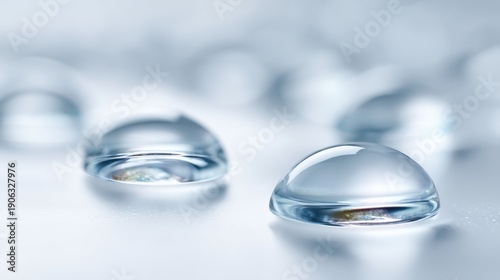 Close-up of transparent water droplets on a smooth surface with a soft, blurred background.