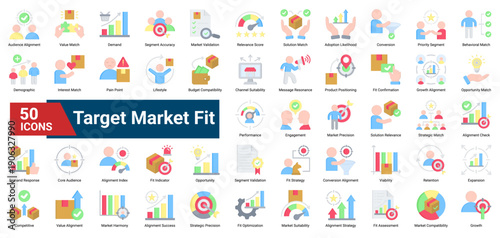 A collection of Target Market Fit icons. Containing alignment metrics, audience validation, solution matching, and growth indicators. Ideal for product positioning, market analysis.