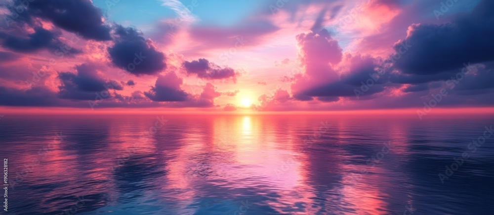 Fototapeta premium Pink sunset over calm ocean; peaceful scene
