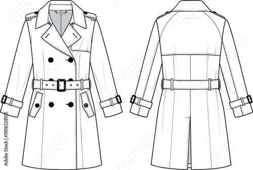 Classic Double Breasted Trench Coat Technical Fashion Illustration Front and Back View Vector Sketch Template