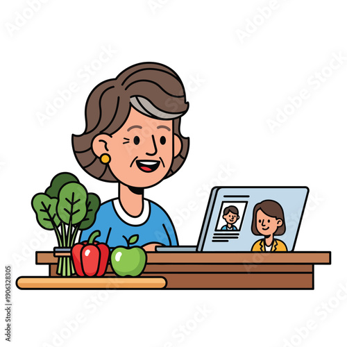 A cartoon woman video chatting with a person on her laptop