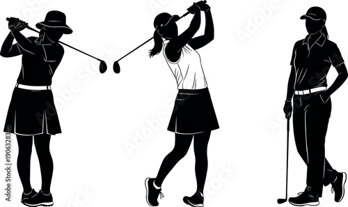 Three Female Golf Players Silhouette Vector Set Collection of Women Golfers Swinging and Standing Isolated on White