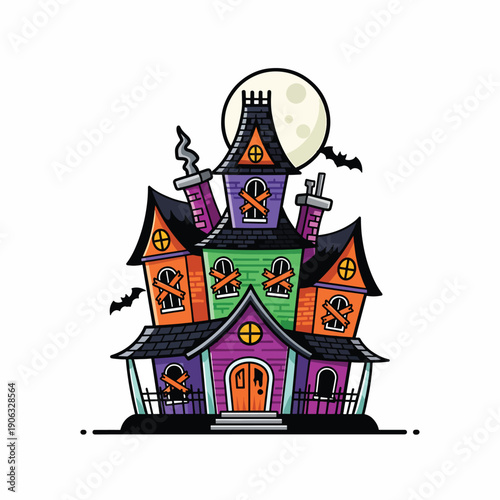A colorful haunted house with a full moon