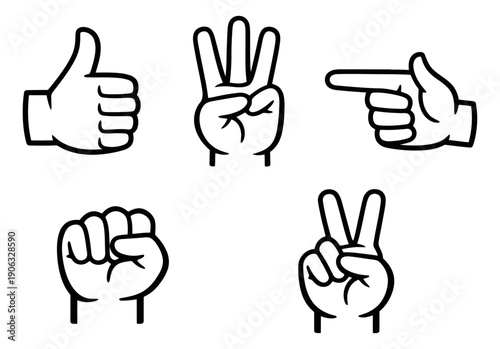 Line art hand gestures set featuring thumbs up, pointing finger, peace sign, fist, and three fingers for communication and expression
