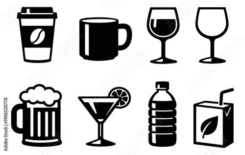 Simple graphic beverage icons set featuring a coffee cup, mug, wine glasses, beer mug, cocktail, water bottle, and juice box for menus and drink concepts