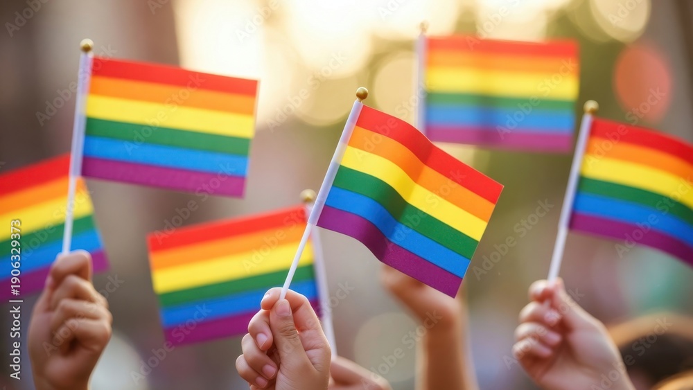 Fototapeta premium Joyful group waving rainbow flags at outdoor celebration.