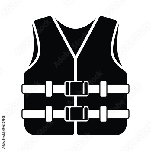 A black life vest with white straps and buckles is presented against a white background.