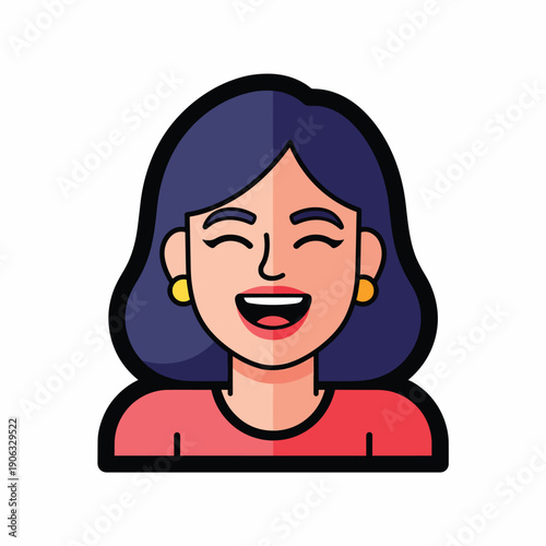 A cartoon woman with dark hair and a red shirt smiles