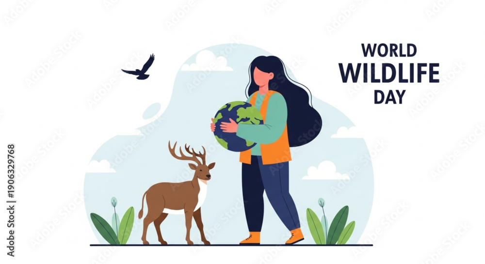 Naklejka premium International World Wildlife Day Poster 3 March with Earth Map and Wild Animal Silhouettes