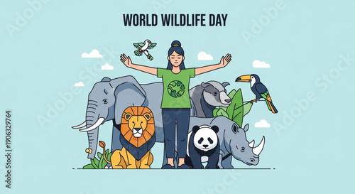 World Wildlife Day 3 March Flat Vector Illustration with Endangered Animals Around Globe Conservation Concept