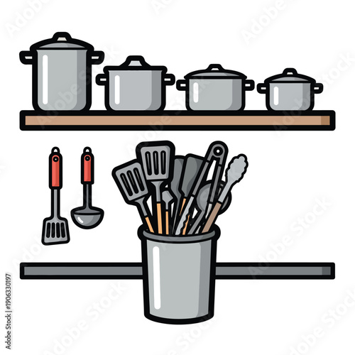 A kitchen setup with pots and utensils