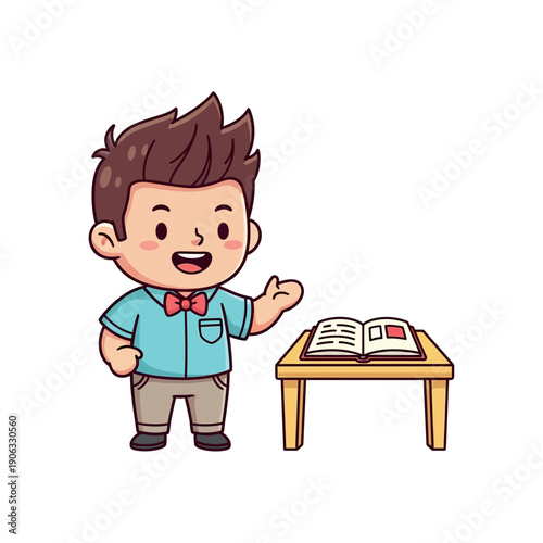 A young boy standing next to a table with an open book, smiling and gesturing, in a simple illustration style