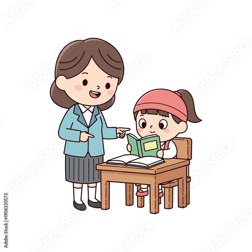 Teacher assisting student reading a book at a wooden desk in a classroom setting viewed from the side.