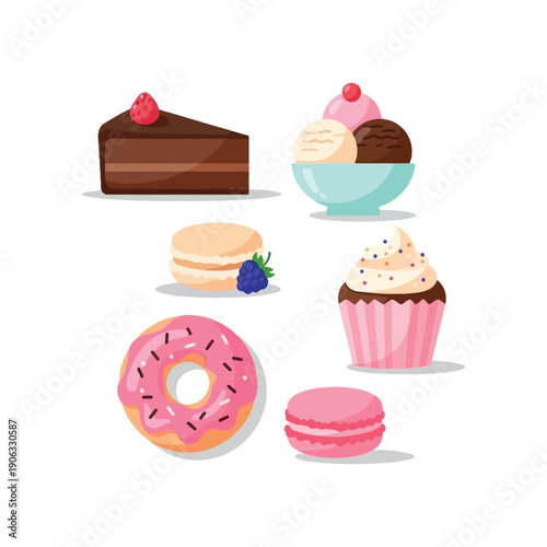 Assorted sweet treats including cakes and pastries displayed on a white background.