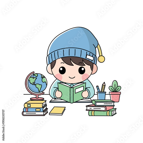 A young student engrossed in reading surrounded by books and educational materials in a cozy study setting illustration