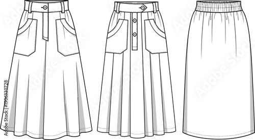 Set of Three Women's Midi Skirt Technical Fashion Flat Sketches with Pockets Buttons and Elastic Waistband Vector