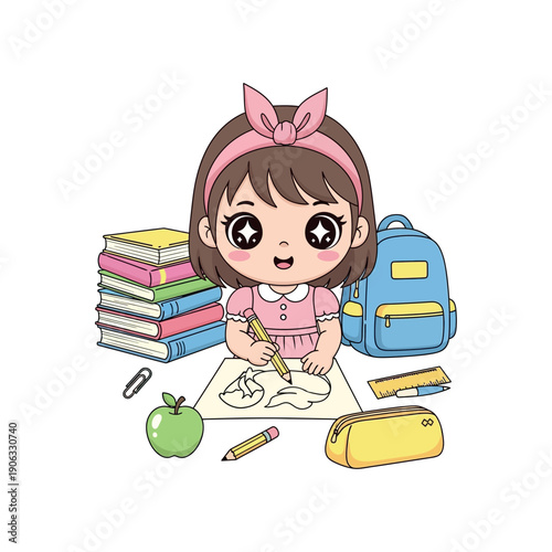 A young girl is drawing on paper with school supplies around her.